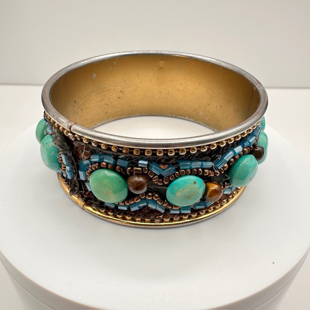Vintage 90s Mixed Media Bangle Bracelet Turquoise Tiger Eye Glass Beaded Boho - Picture 1 of 12